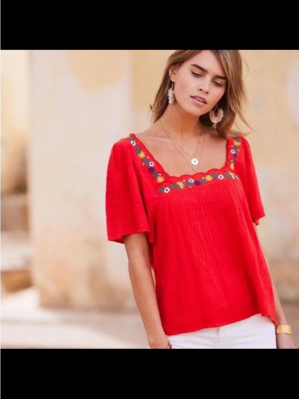 Sézane Bea Blouse, Cherry Red Embroidered, Square Neck, Flowy, Soft, Sz FR26/US4